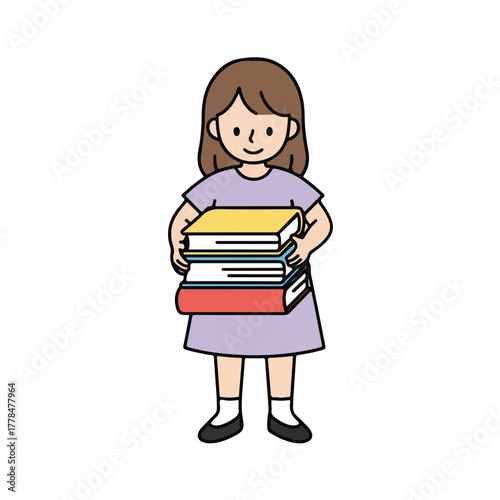 Cartoon girl holding stack of colorful books for reading education library or children literacy program branding design