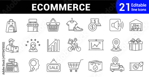 Shopping outline Icon set. Editable line style icons for e commerce, delivery, service and online store. Vector Illustration.