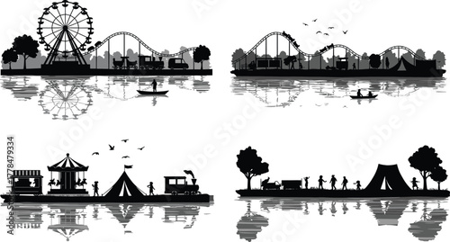 Outdoor recreation silhouettes, amusement park, camping scene, roller coaster, boat rowing, tents, fairground icons, water reflection, black design, nature