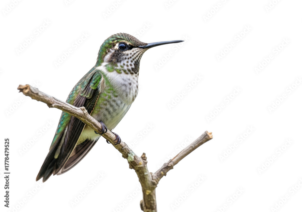 Fototapeta premium Beautiful anna's hummingbird perched on branch stock photo, bird photography, wildlife image, nature, ornithology, birdwatching isolated on transparent background