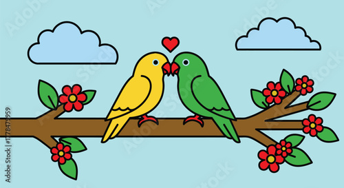 Lovebirds cartoon illustration romantic birds couple in love art