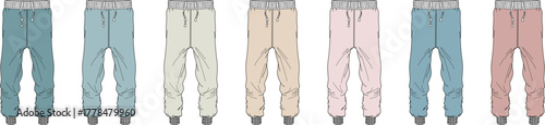 Set of technical fashion flat sketches showing jogger sweatpants in a variety of soft pastel colorways. Vector apparel design template for clothing collection mockups