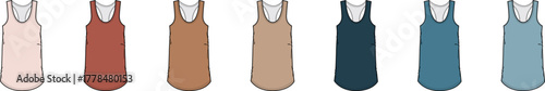 Illustrated fashion template showcasing a set of women's sleeveless tank tops in a diverse and modern color palette