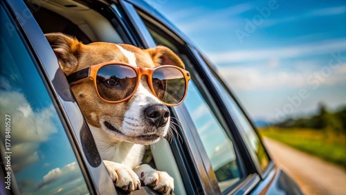 A dog wearing sunglasses looking out of a car window