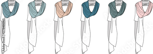 Fashion illustration of a set of stylish loop scarves in multiple color options. Vector template showing a collection of women's neckwear accessories