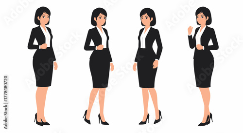 Four identical illustrations of a professional businesswoman in a black suit and white shirt, standing in various confident poses.