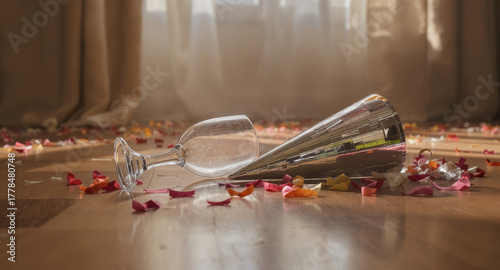 After Party Celebration Leftovers with Champagne Flute and Party Horn on Wooden Floor with Confetti, Perfect for New Year's Eve Theme