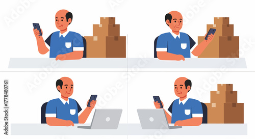 Illustrations of a man with a phone and boxes, with and without a laptop.