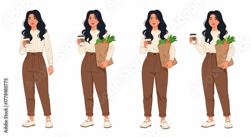Four illustrations of a woman in brown pants and a cream sweater holding a coffee cup and a grocery bag.
