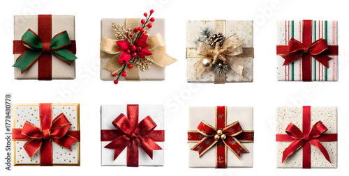 Elegant Christmas gift boxes with ribbons and decorations isolated on transparent PNG background