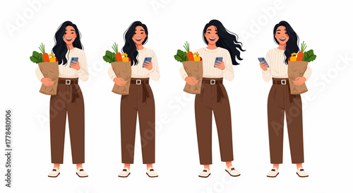 Four illustrations of a woman holding a grocery bag and a phone, smiling.
