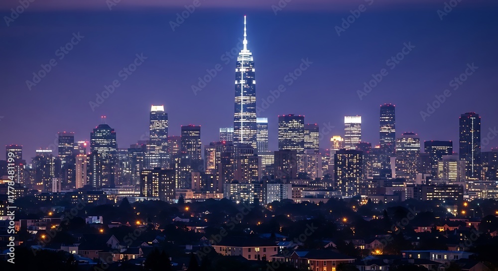 Fototapeta premium Stunning Night View of a Modern City Skyline with Illuminated Skyscrapers and a Prominent Tower.