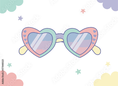 Cute pastel heart-shaped sunglasses with a rainbow color palette on a dreamy background with clouds and stars, vector illustration for Y2K aesthetic