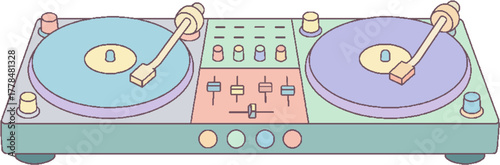 A pastel-colored DJ mixing console with two turntables, a crossfader, and equalizer knobs, perfect for music production and entertainment themes