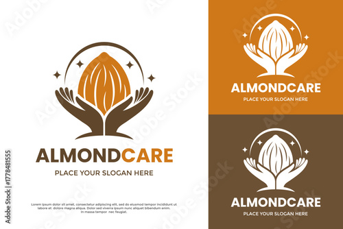 Almond Care logo. Two hands holding and protecting an almond nut. Symbolizes natural care, organic products, skin beauty, cosmetic almond oil, or health wellness.