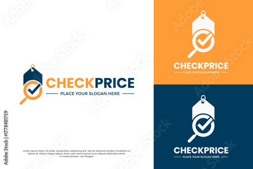 Check Price logo. A price tag with a check mark and a magnifying glass. Suitable for a price comparison app, store finder, local deal verification, or verified purchase