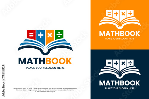 Math book education logo. An open book with mathematics symbols like plus, minus, and square root. Perfect for a school, university, or tutoring service.