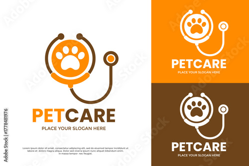 Pet Care logo template. A stethoscope forming a heart shape around a paw print. Ideal for a veterinary clinic, animal hospital, or pet health brand.