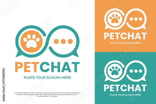 Pet chat logo design template. A paw print inside a speech bubble, symbolizing animal communication, vet forums, or a pet social app. Modern and simple.
