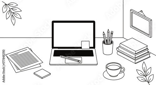Home office setup with laptop and coffee vector illustration