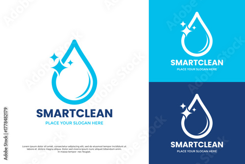 Smart clean service logo template. Great for cleaning services, laundry, hygiene products, and technology solutions. Water drop symbol with sparkle effect. Editable vector.