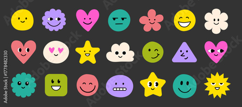 Face smile emoji doodle icon sticker set. Cute kid doodle hand drawn style funny face emoji smile, happy, sad sticker. Funny cartoon emoticon heart, star, flower shape. Vector illustration