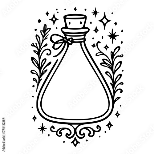 magical elixir flask frame with leaves and sparkles