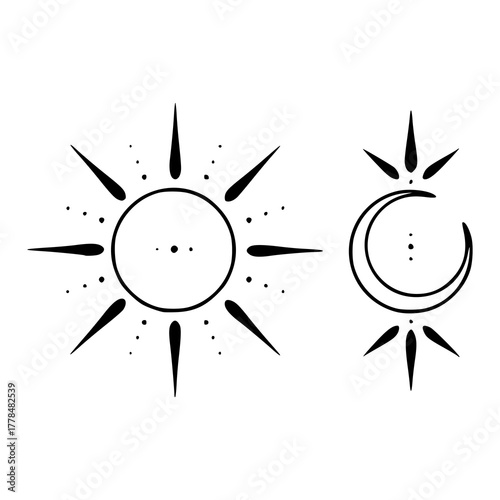 sun and crescent moon vector line art set