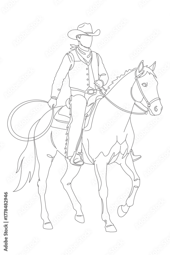 Fototapeta premium line drawing of cowboy riding horse