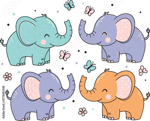 Cute Cartoon Elephants with Butterflies and Flowers