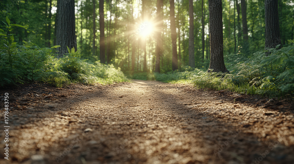 Obraz premium Sunlight filters through trees along serene forest path, creating calm atmosphere