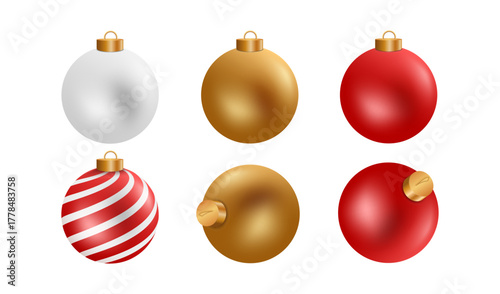 Christmas ball multi-colored Christmas tree ornaments with gold, white, red, and red and white patterns, vector 3d illustration isolated on white background for new year advertising design