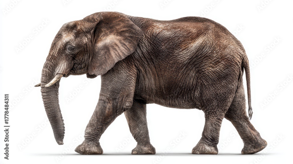 Obraz premium Powerful African elephant walking in profile, isolated on a clean white background, showcasing its majestic presence
