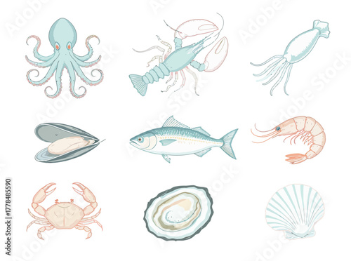 Fresh seafood vector illustration set. Features marine life like octopus, lobster, shrimp, crab, mussels, and fish. Ideal for menus, markets, and ocean-themed graphic projects