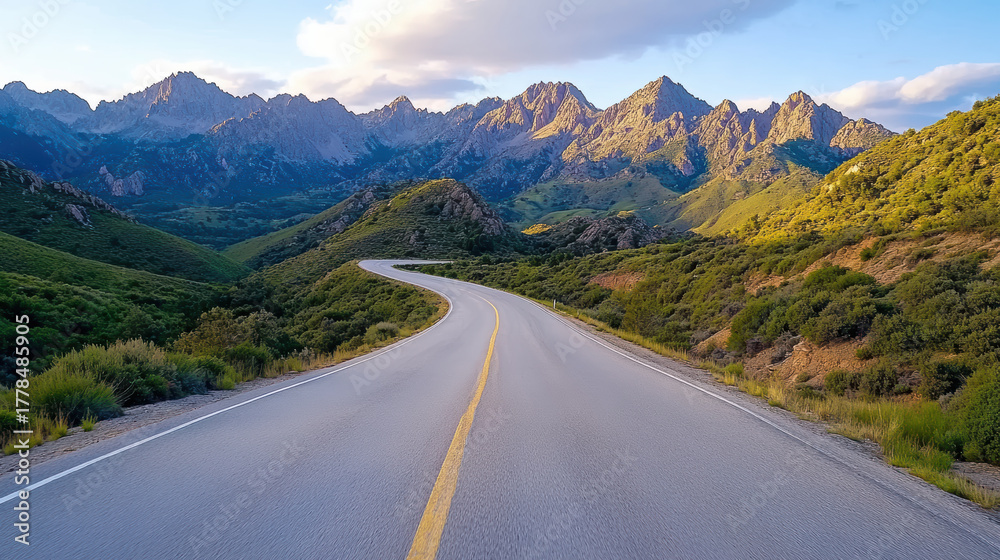 Fototapeta premium Winding mountain road under soft sunlight, surrounded by tranquil green hills and majestic peaks