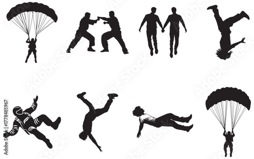 silhouettes of people jumping and paraglider