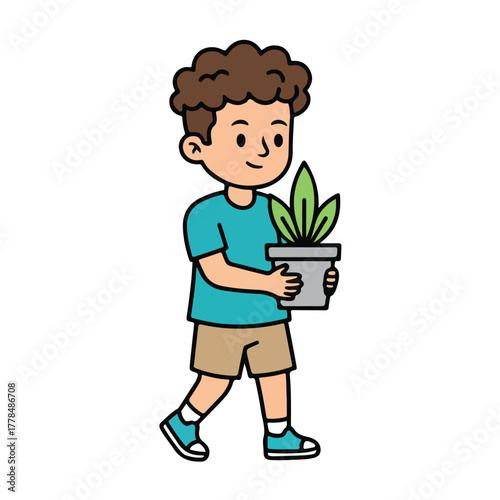 Cartoon child holding potted plant with care for gardening nature education or environmental awareness kids program branding
