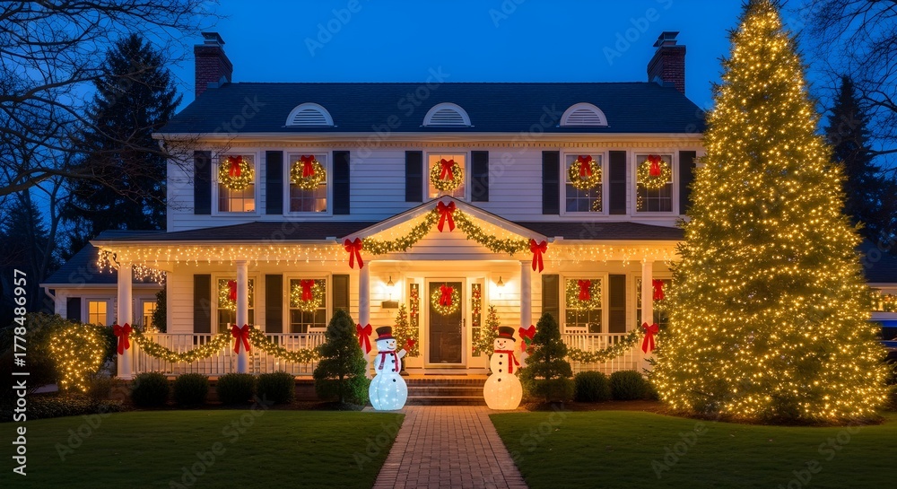 Fototapeta premium A large house is decorated with Christmas lights, wreaths, and snowmen figures for the holiday season.