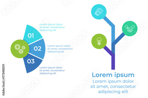 Infographic set with circular design with numbered segments and tree layout. Information presented in structured format for easy understanding of complex concepts