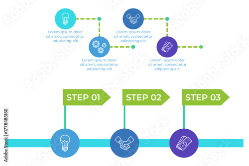 Infographic with series of steps represented by icons. It visually guiding viewers through process with clear, easy-to-understand instructions using colorful elements