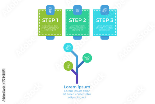 Infographic illustrating three-step process with colorful boxes. Each step clearly labeled, showing structured approach. Tree graphic enhancing overall design