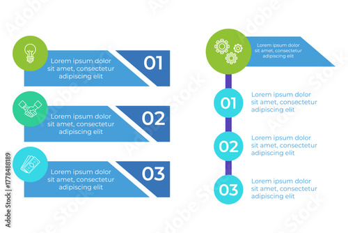 Infographic set presenting organized information using colors and icons to highlight key concepts. Designed for easy understanding of various topics in structured manner