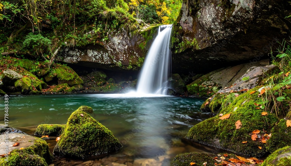 Fototapeta premium Scenic waterfall cascades into a tranquil pool surrounded by lush greenery