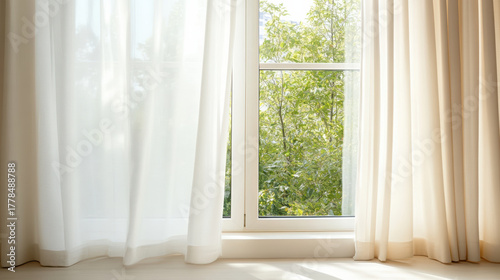 Bright sunlight filters through sheer curtains, creating serene atmosphere with greenery outside
