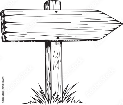 Empty wooden arrow signpost with grass, isolated vector illustration design