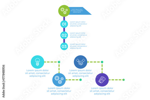 Infographic set illustrating clear process flow with numbered steps. Each step including icons representing concepts and ideas, enhancing understanding and engagement