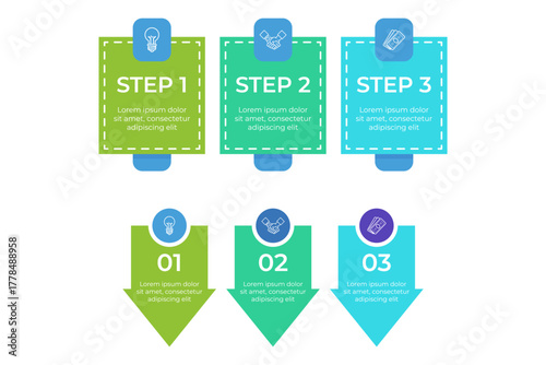 Infographic illustrating three steps in process, using colorful boxes and icons