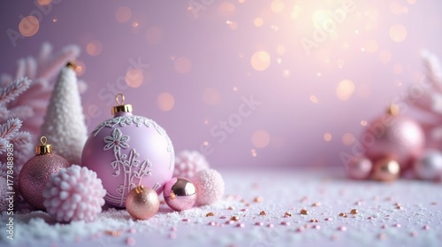 christmas backChristmas, holiday, greeting card, ornament, bauble, purple, gold, snow, winter, elegant, luxury, festive, celebration, bokeh, pine, fir, branch, decoration, seasonground with pink balls