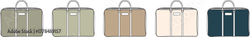 Row of five different colored travel bags on a white background, presented in a seamless pattern for advertising or design concepts