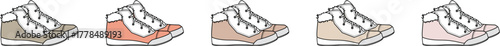 A row of five high-top canvas sneakers in various shades of brown and pink, perfect for a casual and comfortable fashion statement